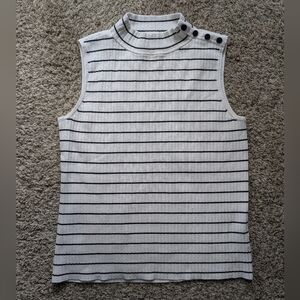 Talbots Sleeveless Mock Neck Stripe Top - White/Black Buttons On Shoulder Size M